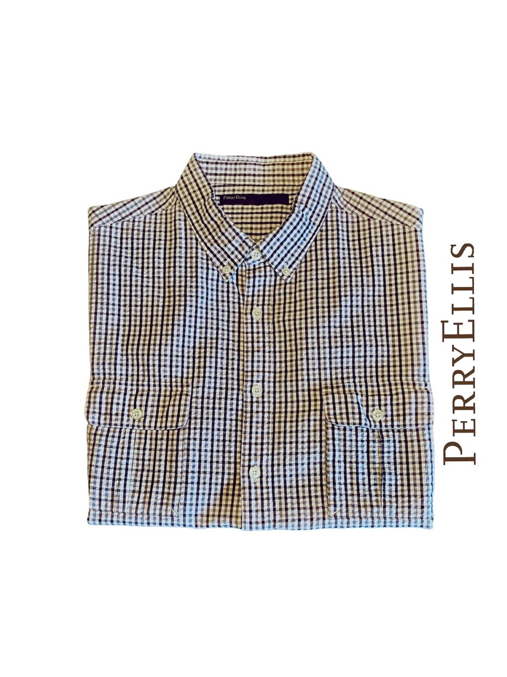 PerryEllis Button-Down Seersucker Check Short Sleeve Shirt-Purple+ Lavender NWOT